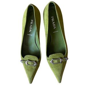 Prada Women's Green and Yellow Suede Kitten Heels